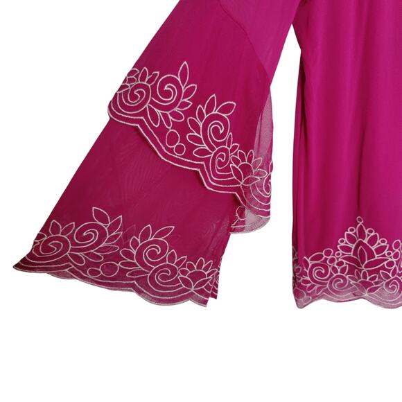 Alfani Women's Sz XL Bright Pink Boho Tiered Flare Sleeve Embroidered Mesh Top - Picture 3 of 7